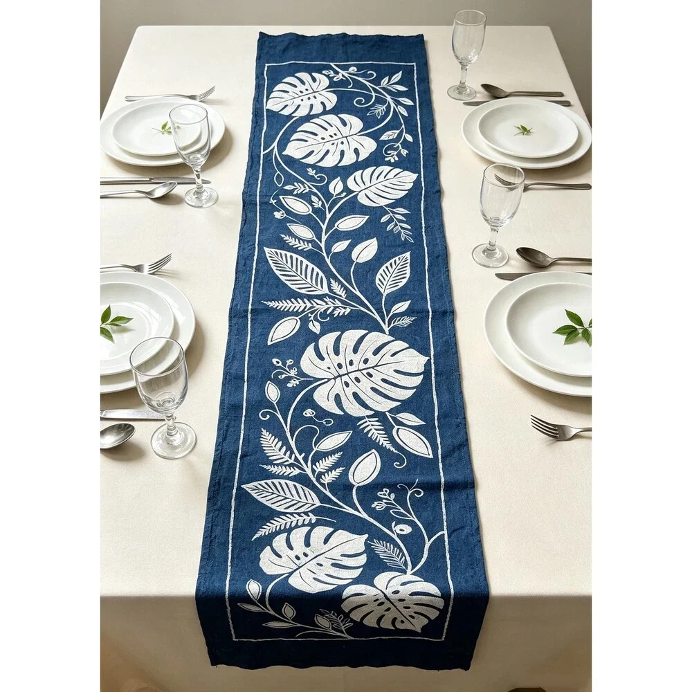 Handmade Indigo Batik Table Runner, Monstera Leaf Botanical Table Decor